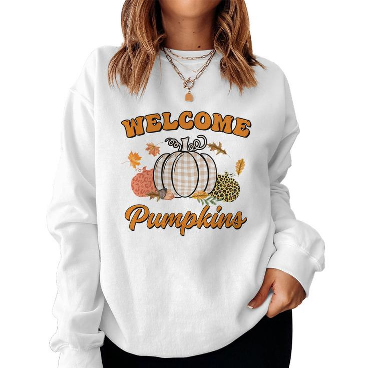 Welcome Pumpkin Leopard Plaid Autumn Fall Women Crewneck Graphic Sweatshirt