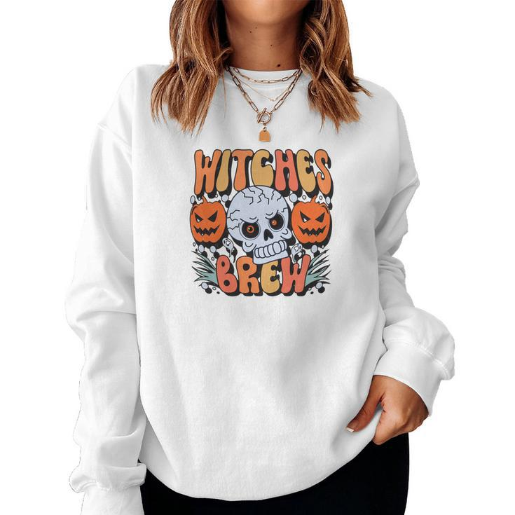 Witches Crew Pumpkin Skull Groovy Fall Women Crewneck Graphic Sweatshirt