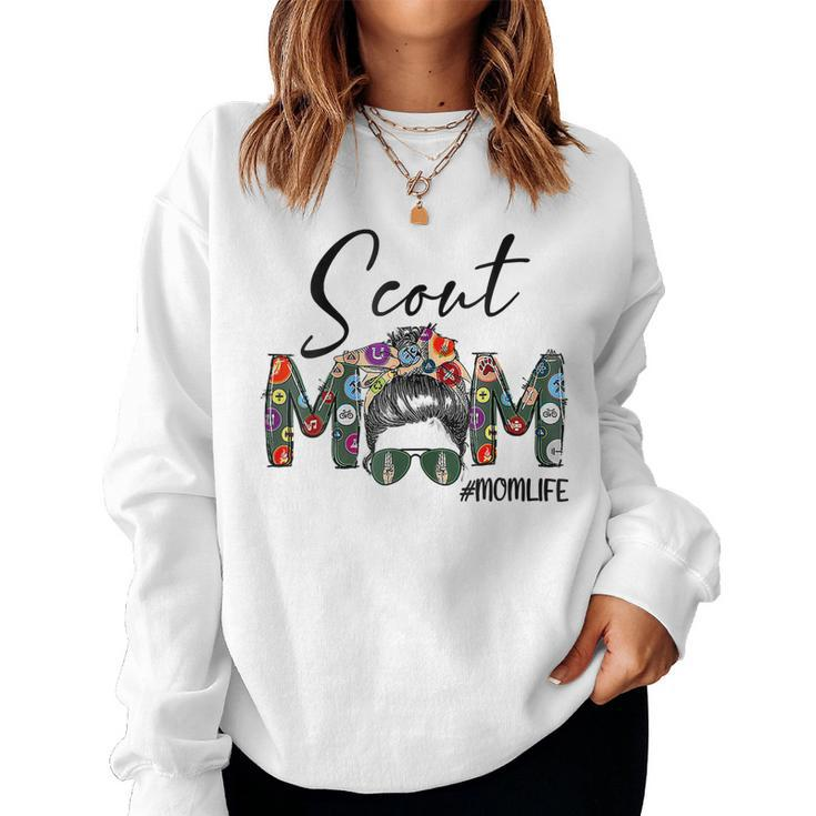 Womens Mothers Day Womens Scouting Scout Mom Life Messy Bun Hair  Women Crewneck Graphic Sweatshirt