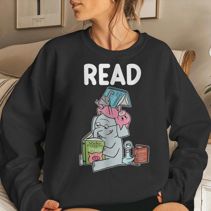 Funny Teacher Library Read Book Club Piggie Elephant Pigeons Women Crewneck Graphic Sweatshirt Gifts for Her
