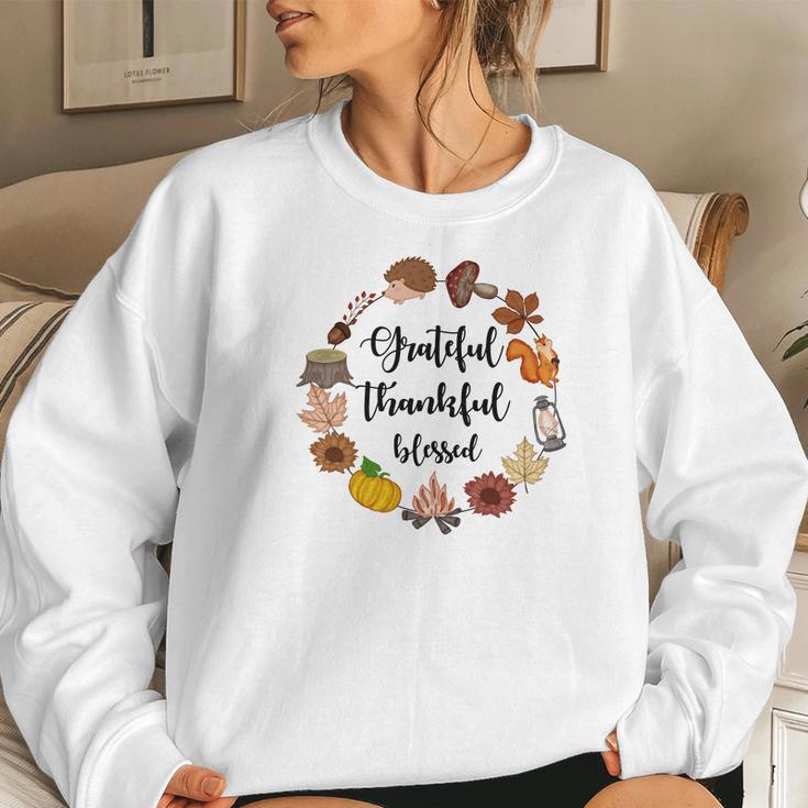 Autumn Wreath Grateful Thankful Blessed Fall Gift Women Crewneck Graphic Sweatshirt Gifts for Her
