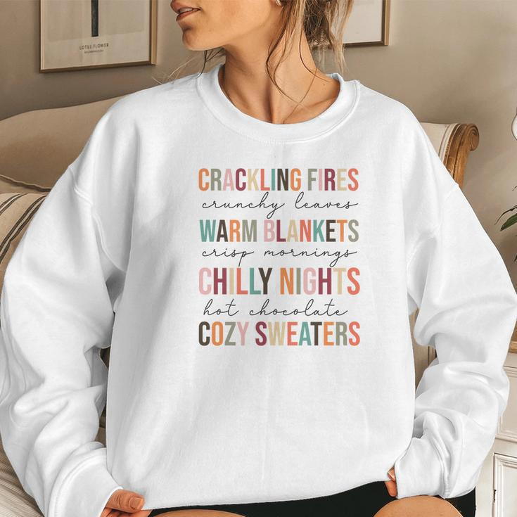 Fall Crackling Fire Crunchy Leaves Warm Blankets Chilly Nights Cozy Weather Hot Chocolate Popular Women Crewneck Graphic Sweatshirt Gifts for Her