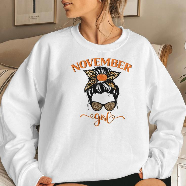 November Girl Fall Messy Bun Thanksgiving Women Crewneck Graphic Sweatshirt Gifts for Her
