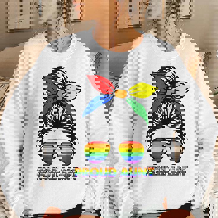 Proud Aunt Messy Bun Rainbow Lgbt Gay Pride Month Women Crewneck Graphic Sweatshirt Gifts for Her