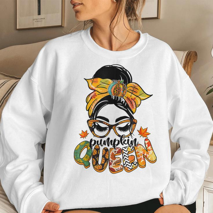 Pumpkin Queen Messy Bun Fall Pumpkin Fall Vibes Autumn Women Crewneck Graphic Sweatshirt Gifts for Her