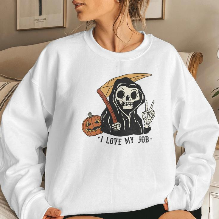 Skeleton Halloween I Love My Job Cute The Death Design Women Crewneck Graphic Sweatshirt Gifts for Her