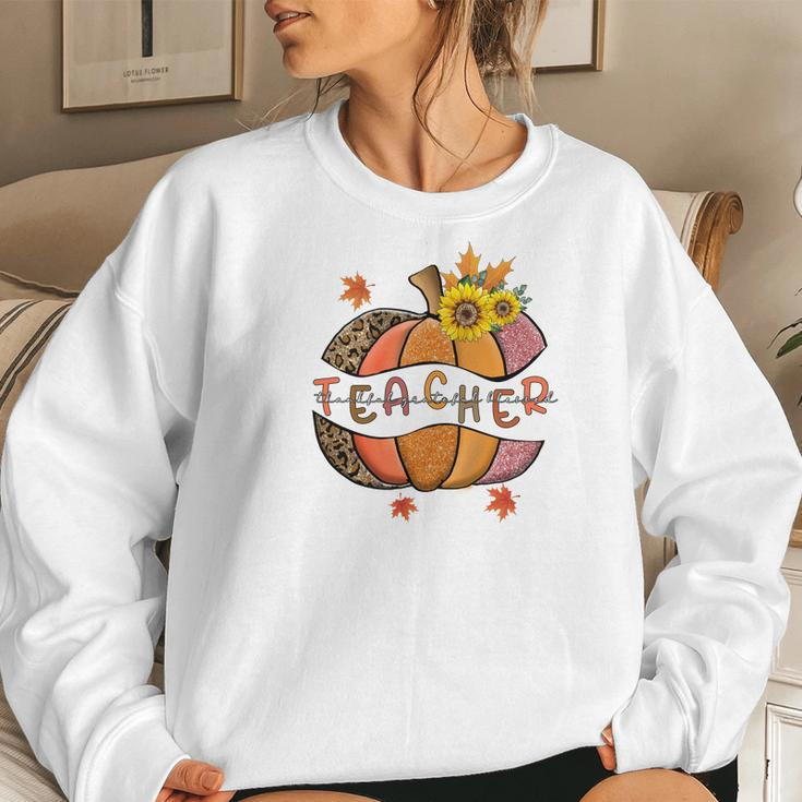 Teacher Thankful Grateful Blessed Fall Thanksgiving Women Crewneck Graphic Sweatshirt Gifts for Her