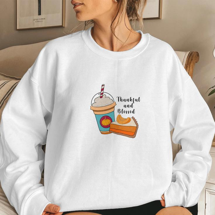 Thankful And Blessed Latte Pumpkin Pie Fall Women Crewneck Graphic Sweatshirt Gifts for Her