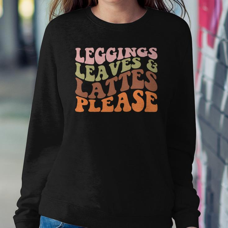 Leggings Leaves And Lattes Please Groovy Retro Fall Women Crewneck Graphic Sweatshirt Funny Gifts