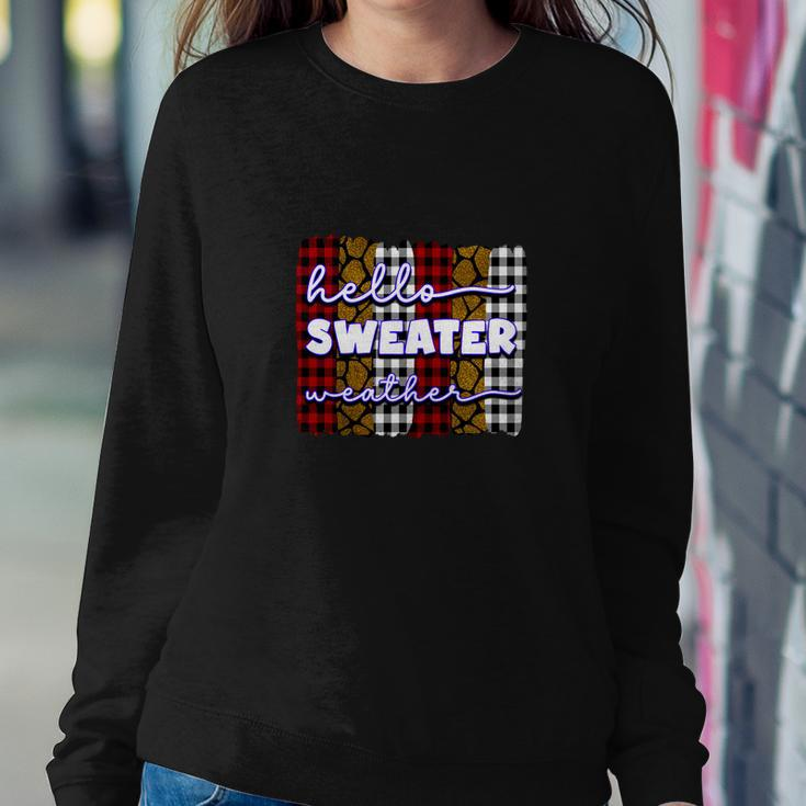Red Caro Plaid Hello Sweater Weather Fall Women Crewneck Graphic Sweatshirt Funny Gifts