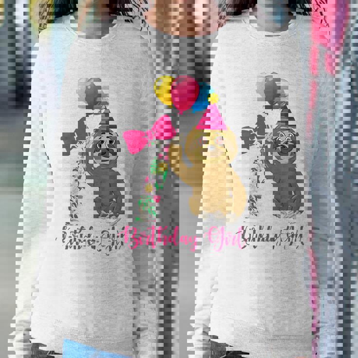 Kids 7 Year Old Cool Cute Sloth Balloons 7Th Birthday Girls Party Women Crewneck Graphic Sweatshirt Personalized Gifts