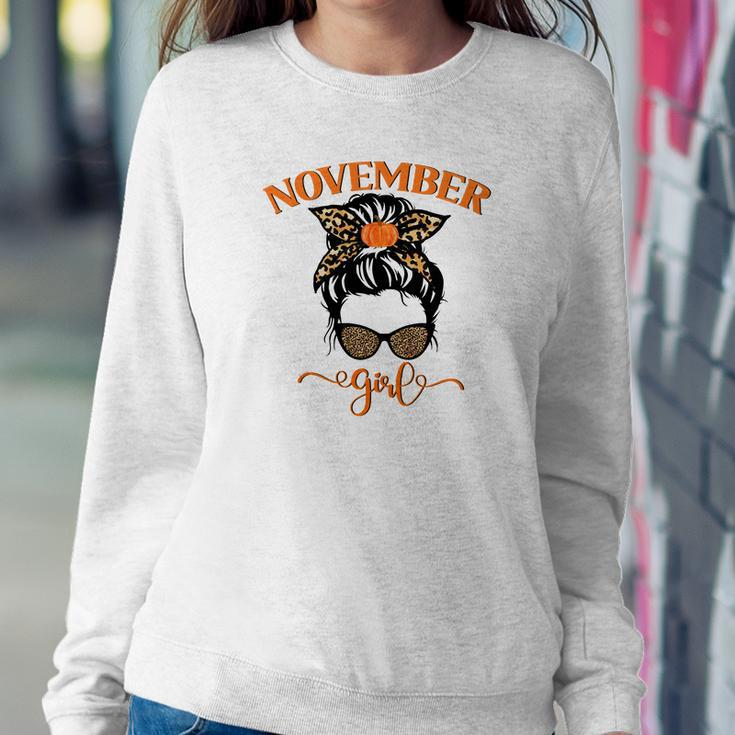 November Girl Fall Messy Bun Thanksgiving Women Crewneck Graphic Sweatshirt Funny Gifts