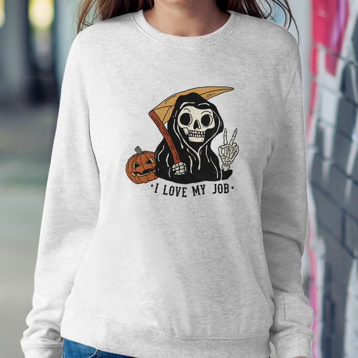 Skeleton Halloween I Love My Job Cute The Death Design Women Crewneck Graphic Sweatshirt Funny Gifts