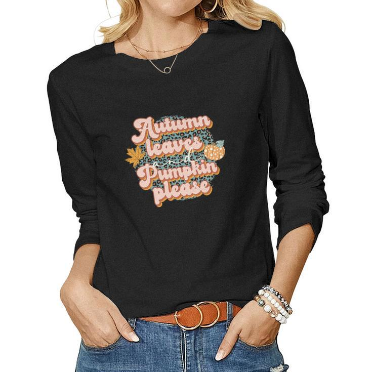 Autumn Leaves Pumpkin Please Leopard Plaid Fall Women Graphic Long Sleeve T-shirt