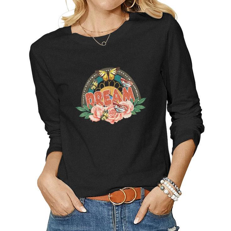 Boho Vintage Dream Flower And Butterfly Custom Women Graphic Long Sleeve T-shirt