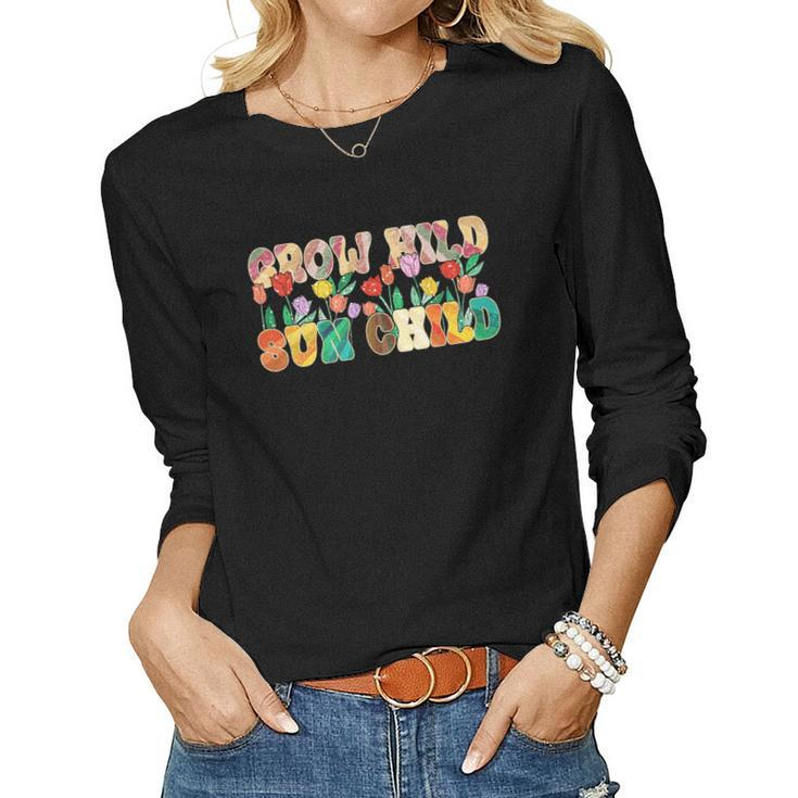 Boho Vintage Grow Wild Sun Child Colorful Design Women Graphic Long Sleeve T-shirt