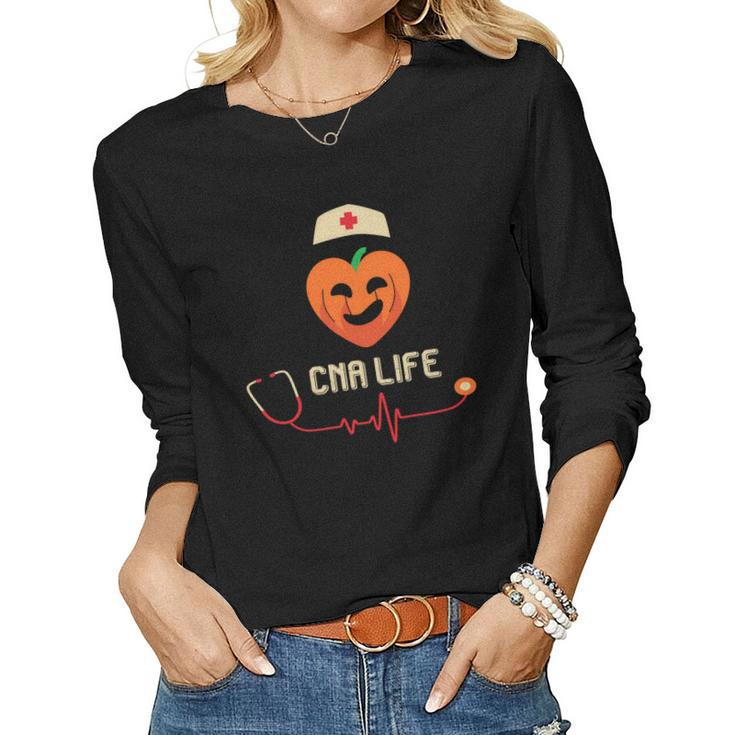 Cna Life Nurse Heartbeat Job Fall Pumpkin Women Graphic Long Sleeve T-shirt
