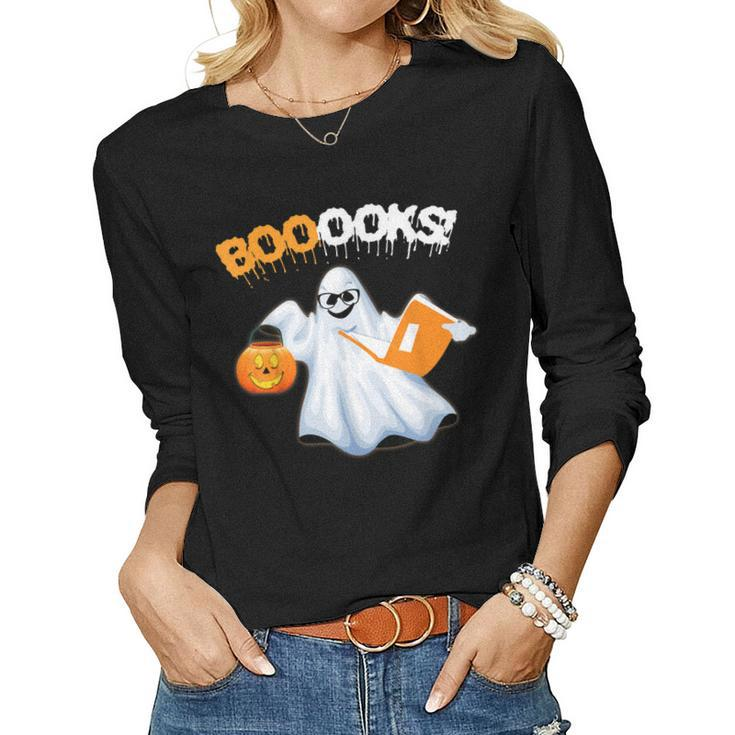 Cute Booooks Ghost Boo Read Books Library Teacher Halloween  Women Graphic Long Sleeve T-shirt