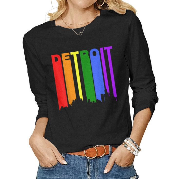 Detroit Michigan Rainbow Skyline Lgbt Gay Pride  Women Graphic Long Sleeve T-shirt
