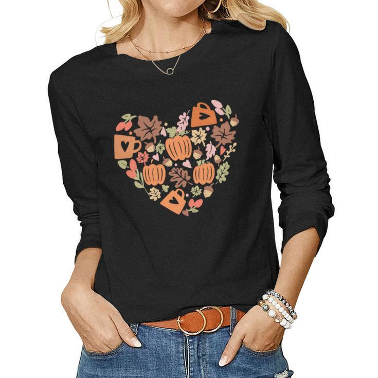 Fall Retro Season Flowers Heart Things Women Graphic Long Sleeve T-shirt