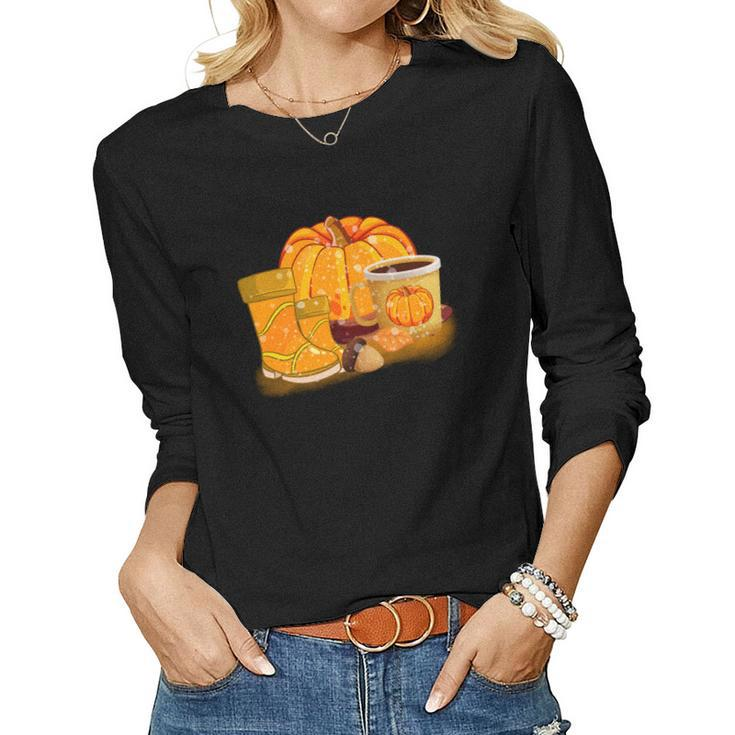 Fall Weather Sweater Pumpkin Shoes Coffee Pumpkin Spice Women Graphic Long Sleeve T-shirt