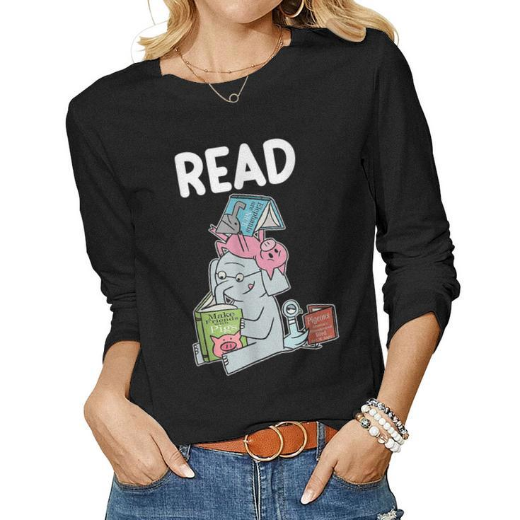 Funny Teacher Library Read Book Club Piggie Elephant Pigeons  Women Graphic Long Sleeve T-shirt - Thegiftio
