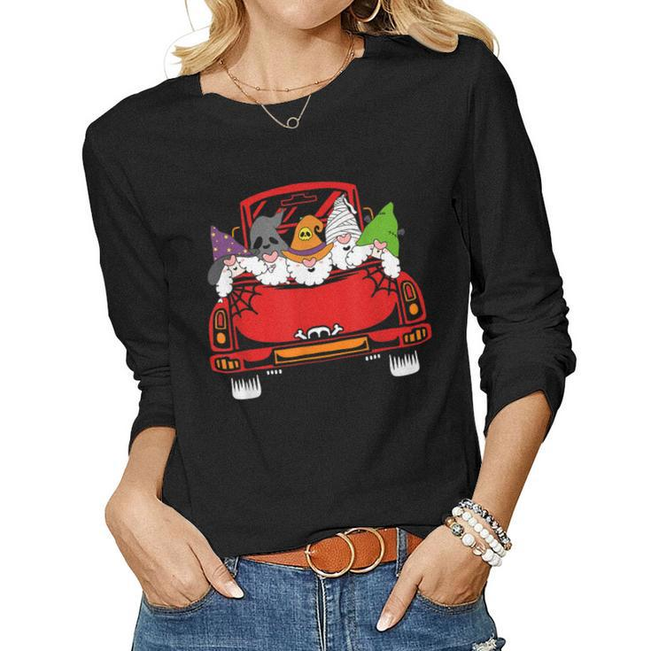 Gnome Riding Car Lazy Halloween Costume Ghost Witch Mummy  Women Graphic Long Sleeve T-shirt