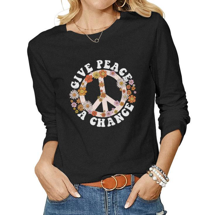 Hippie Give Peace A Chance Peace Symbol Women Graphic Long Sleeve T-shirt