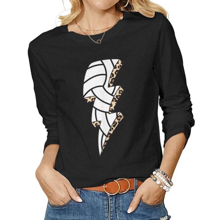 Leopard Volleyball Lightning Bolt Volleyball Mom Game Day  Women Graphic Long Sleeve T-shirt