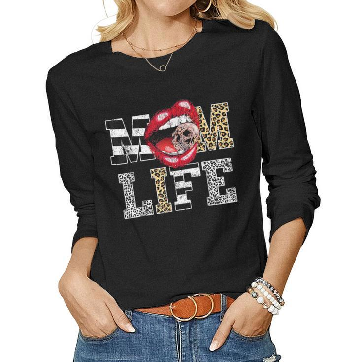 Mom Life Leopard Lip Skull Red Lip Mothers Day  Women Graphic Long Sleeve T-shirt