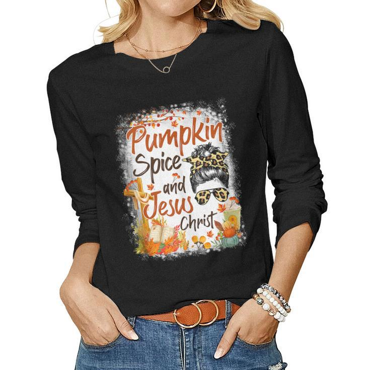 Pumpkin Spice And Jesus Christ Leopard Messy Bun Fall Women Graphic Long Sleeve T-shirt