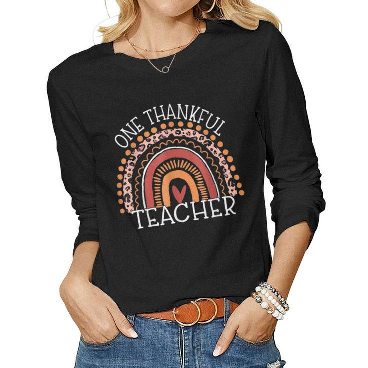 Teacher Thanksgiving - Leopard Rainbow One Thankful Teacher Women Graphic Long Sleeve T-shirt
