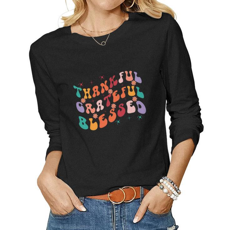 Thankful Grateful Blessed Fall Glitter Gift Women Graphic Long Sleeve T-shirt