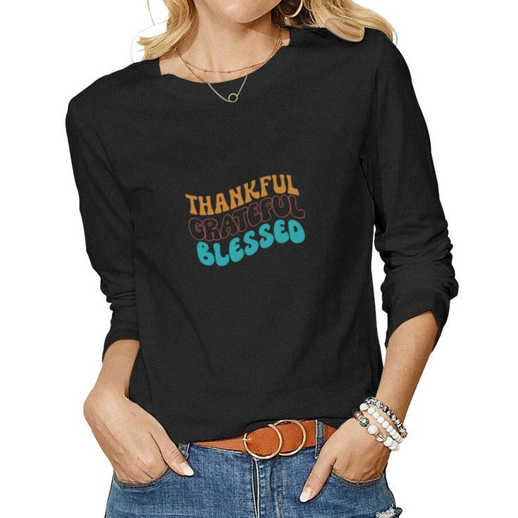 Thankful Grateful Blessed Retro Vintage Fall Women Graphic Long Sleeve T-shirt