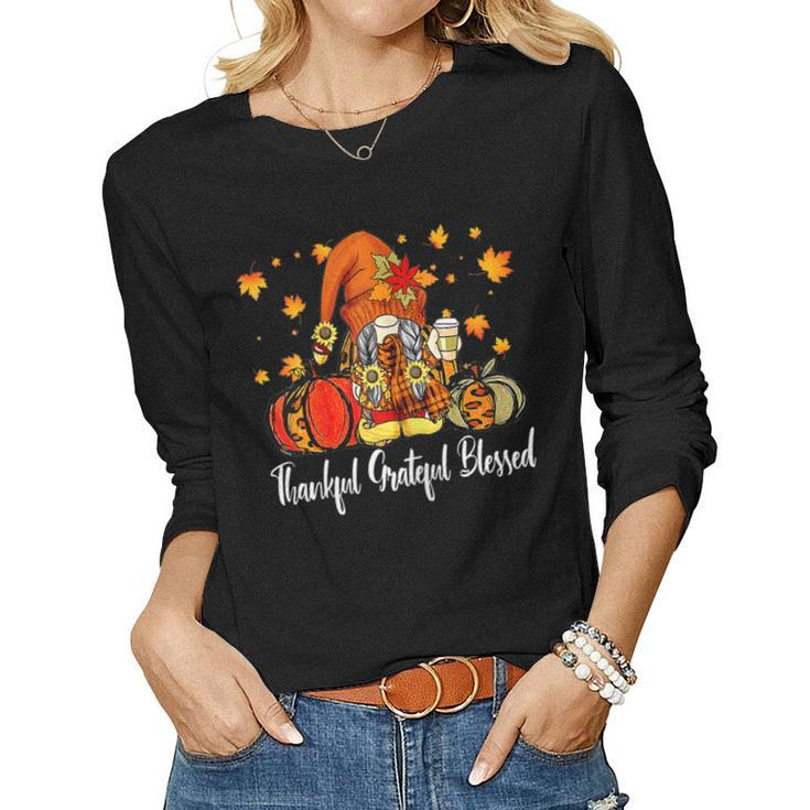Womens Autumn Fall Outfit Gnome Thankful Grateful Blessed Pumpkin V2 Women Graphic Long Sleeve T-shirt