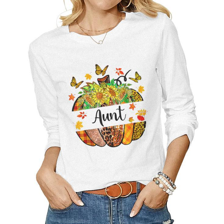 Aunt Fall Leopard Pumpkin Sunflowers Autumn Thanksgiving V2 Women Graphic Long Sleeve T-shirt