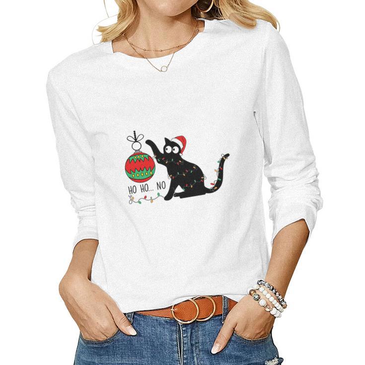 Christmas Funny Black Cat Ho Ho Ho Cat Lovers Gifts Women Graphic Long Sleeve T-shirt