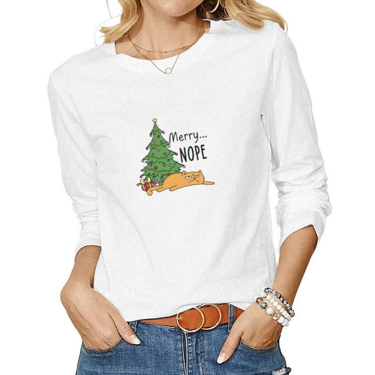 Christmas Funny Cat Merry Nope Cat Lovers Gift Women Graphic Long Sleeve T-shirt