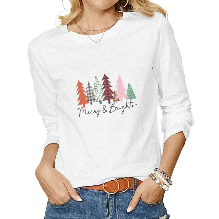 Christmas Tree Merry And Bright Retro Women Graphic Long Sleeve T-shirt