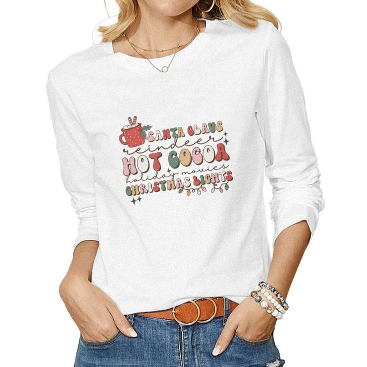Christmas Vintage Santa Claus Hot Cocoa Holiday Christmas Lights Women Graphic Long Sleeve T-shirt
