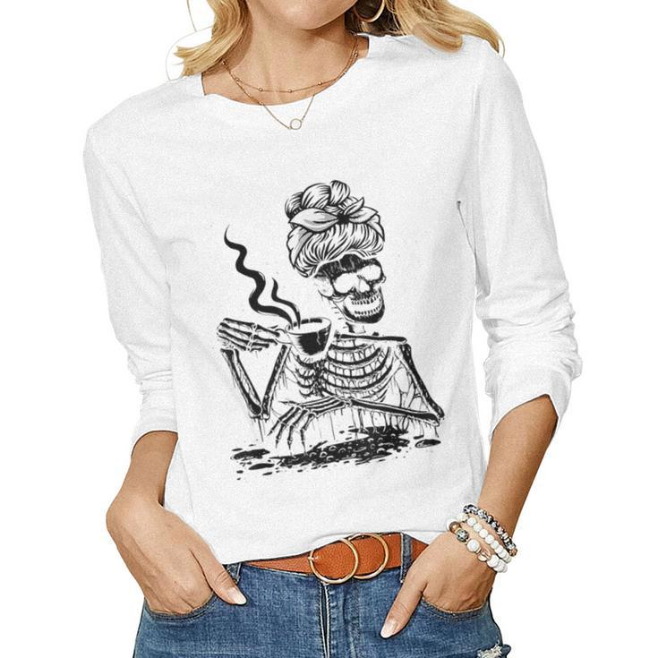 Coffee Drinking Skeleton Lazy Diy Halloween Costume Women  V4 Women Graphic Long Sleeve T-shirt