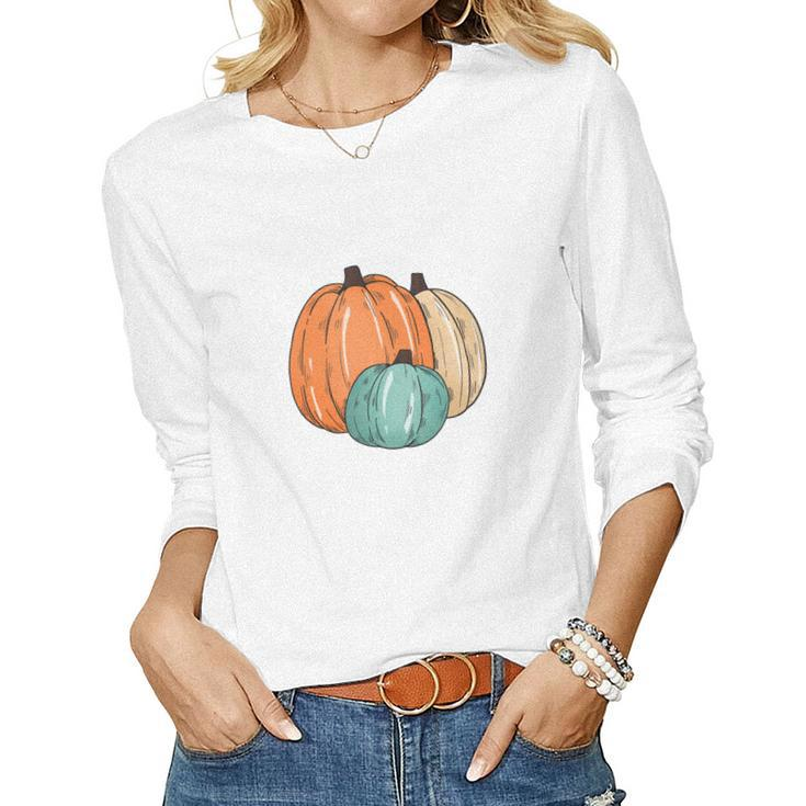 Colorful Pumpkins Happy Fall Season Present Women Graphic Long Sleeve T-shirt