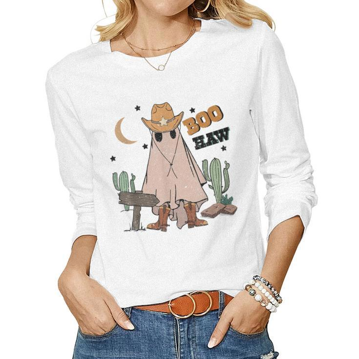 Cowboy Boo How Retro Ghost Halloween Costume Desert Cactus  Women Graphic Long Sleeve T-shirt