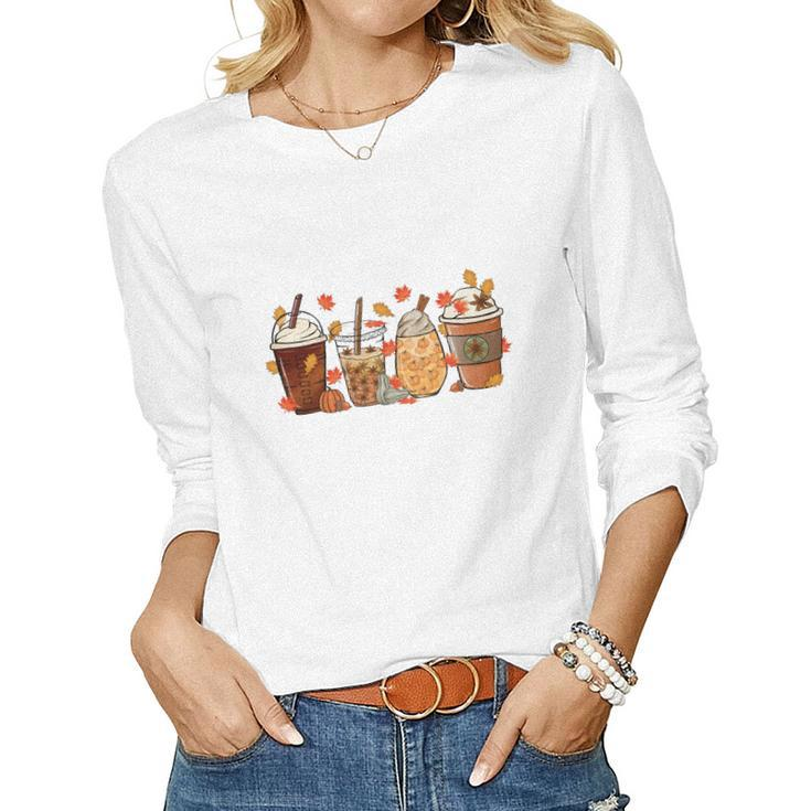 Fall Coffee Autumn Drinking Latte Cream Cozy Women Graphic Long Sleeve T-shirt
