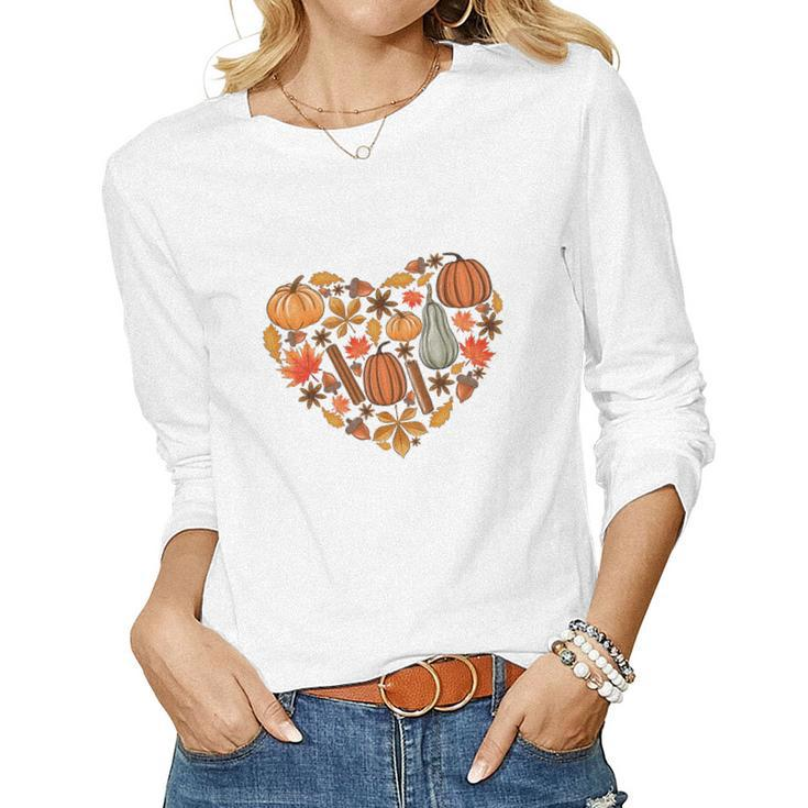 Fall Heart Pumpkins Flowers Women Graphic Long Sleeve T-shirt