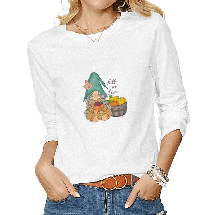 Fall In Love Gnomes Pumpkins Basket Women Graphic Long Sleeve T-shirt