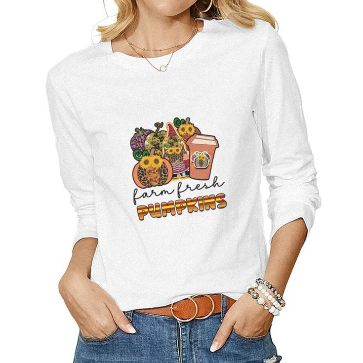 Farm Fresh Pumpkins Fall Season Gnomes Coffee Hobby Women Graphic Long Sleeve T-shirt