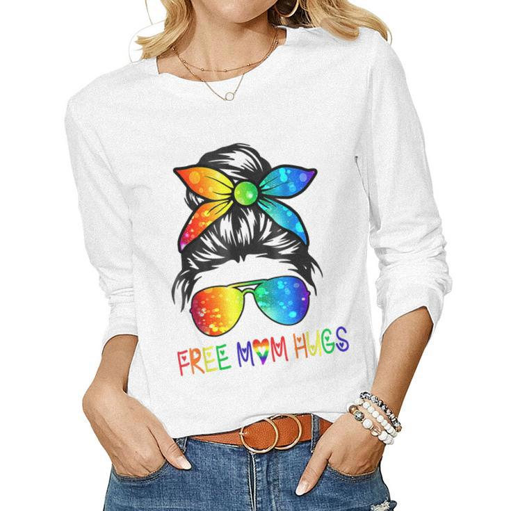 Free Mom Hugs Messy Bun Rainbow Lgbt Pride Month  Women Graphic Long Sleeve T-shirt
