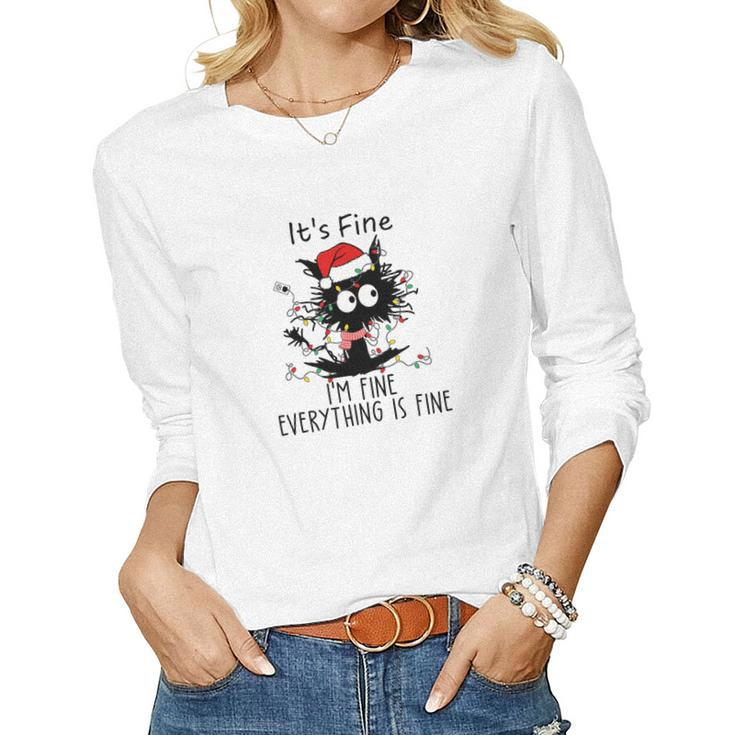 Funny Christmas Black Cat It Is Fine I Am Fine Everything Is Fine Women Graphic Long Sleeve T-shirt