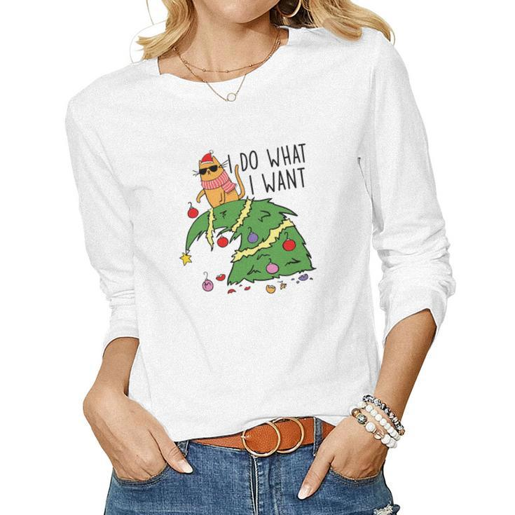 Funny Christmas Cat I Do What I Want Xmas Holiday Women Graphic Long Sleeve T-shirt